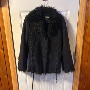 AXANA New York Black Faux Fur Coat-Lace Up Sides,XLARGE, Y2K, Goth, Boho